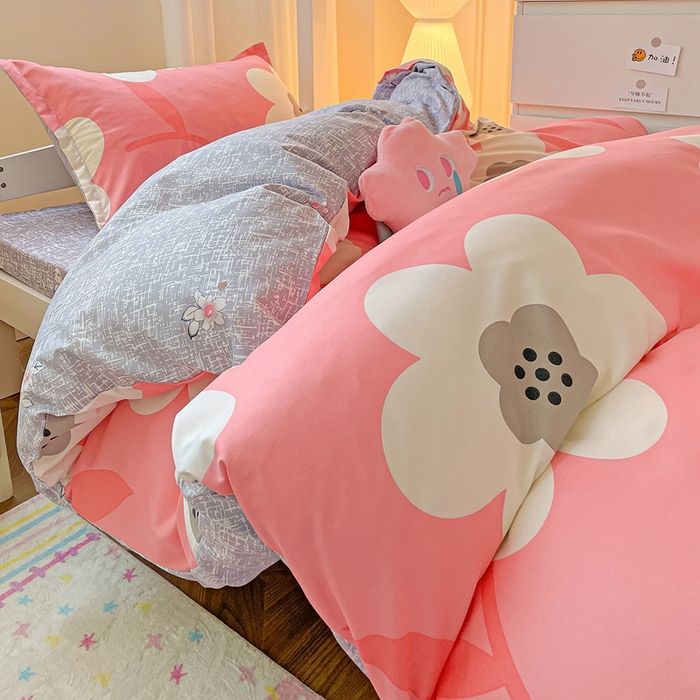 91家纺网 家纺一手货源 找家纺 朵朵2025新款芦荟棉学生床单被套 春暖花开-粉