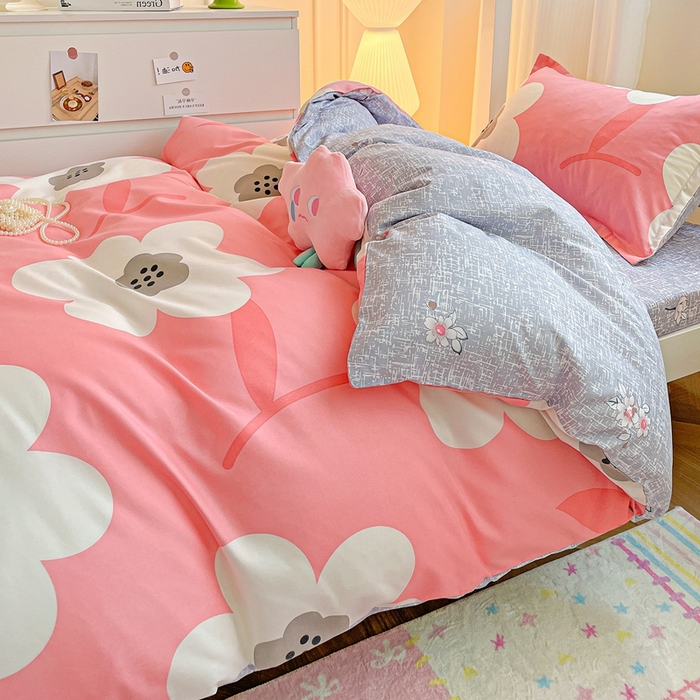 91家纺网 家纺一手货源 找家纺 朵朵2025新款芦荟棉学生床单被套 春暖花开-粉
