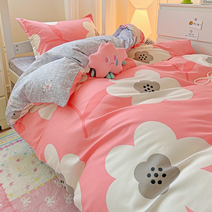 91家纺网 家纺一手货源 找家纺 朵朵2025新款芦荟棉学生床单被套 春暖花开-粉