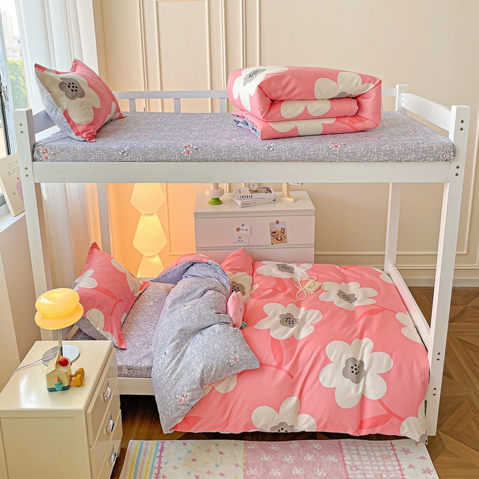 91家纺网 家纺一手货源 找家纺 朵朵2025新款芦荟棉学生床单被套 春暖花开-粉