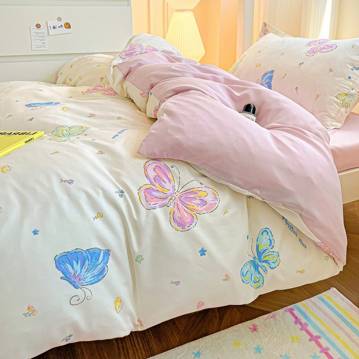91家纺网 家纺一手货源 找家纺 朵朵2025新款芦荟棉学生床四件套 蝴蝶仙子