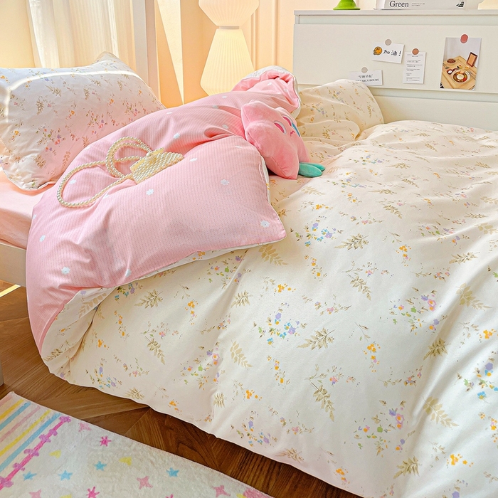 91家纺网 家纺一手货源 找家纺 朵朵2025新款芦荟棉学生床四件套 水墨花