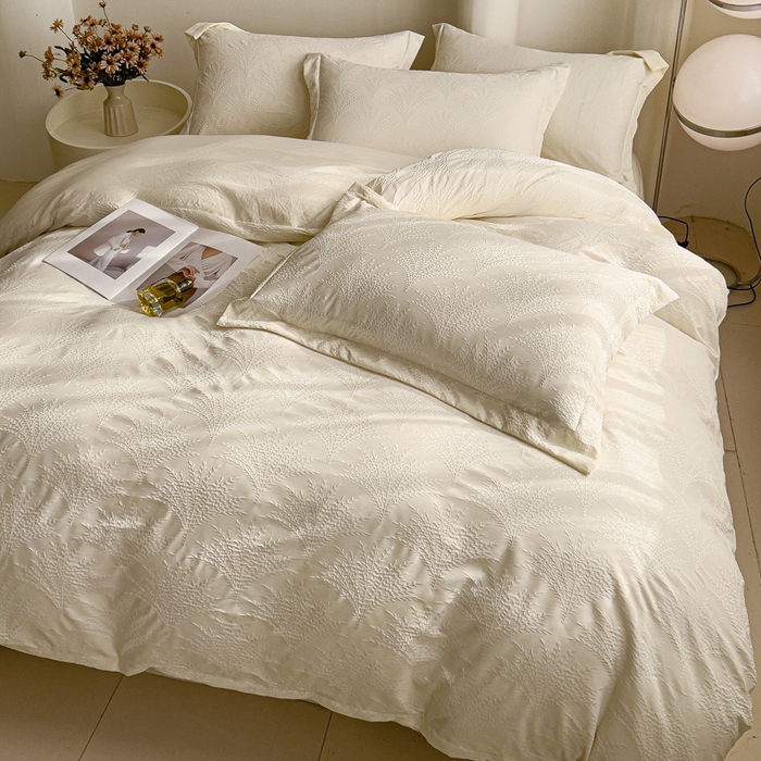 91家纺网 家纺一手货源 找家纺 卡普家居 2025新款A类轻奢双层纱提花四件套摇钱树系列 摇钱树（奶白）