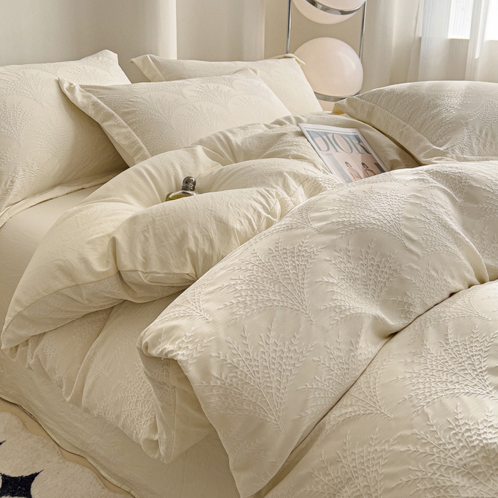 91家纺网 家纺一手货源 找家纺 卡普家居 2025新款A类轻奢双层纱提花四件套摇钱树系列 摇钱树（奶白）