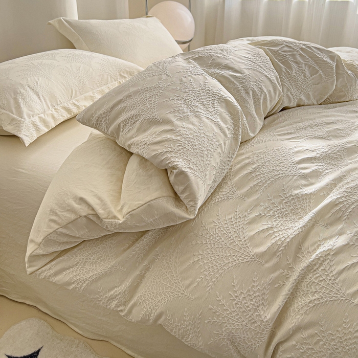 91家纺网 家纺一手货源 找家纺 卡普家居 2025新款A类轻奢双层纱提花四件套摇钱树系列 摇钱树（奶白）