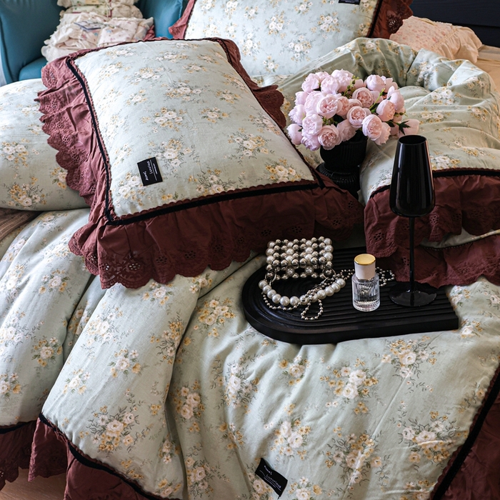 91家纺网 家纺一手货源 找家纺 紫碧螺家纺 2025新款A类全棉纯棉仙女双层纱大韩边四件套 花样倾城