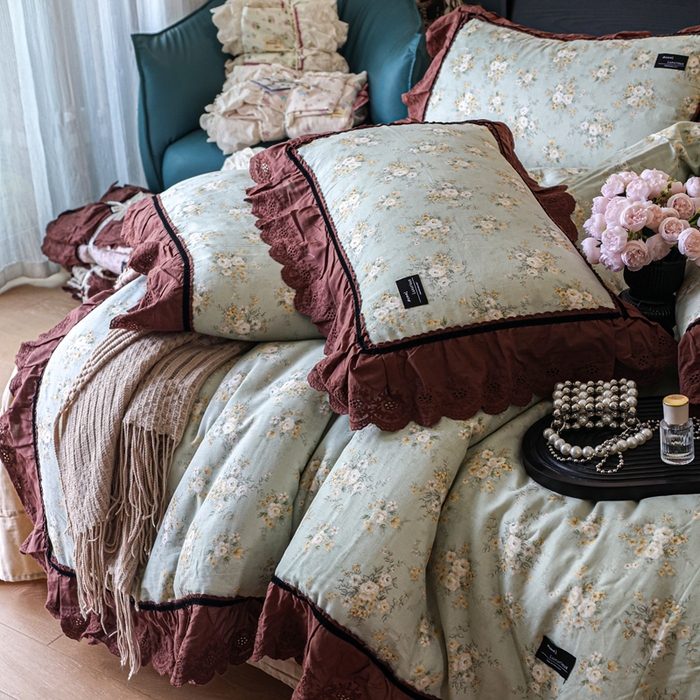 91家纺网 家纺一手货源 找家纺 紫碧螺家纺 2025新款A类全棉纯棉仙女双层纱大韩边四件套 花样倾城