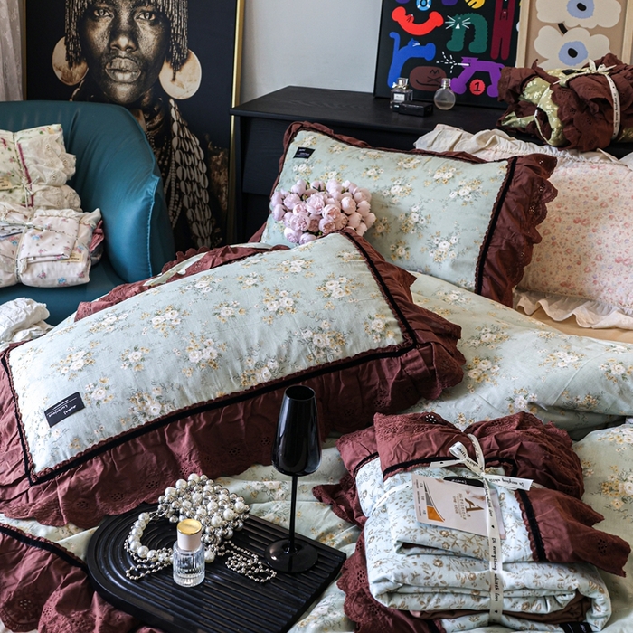 91家纺网 家纺一手货源 找家纺 紫碧螺家纺 2025新款A类全棉纯棉仙女双层纱大韩边四件套 花样倾城