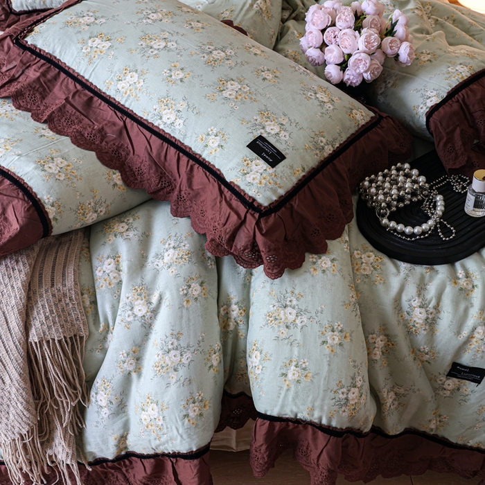 91家纺网 家纺一手货源 找家纺 紫碧螺家纺 2025新款A类全棉纯棉仙女双层纱大韩边四件套 花样倾城