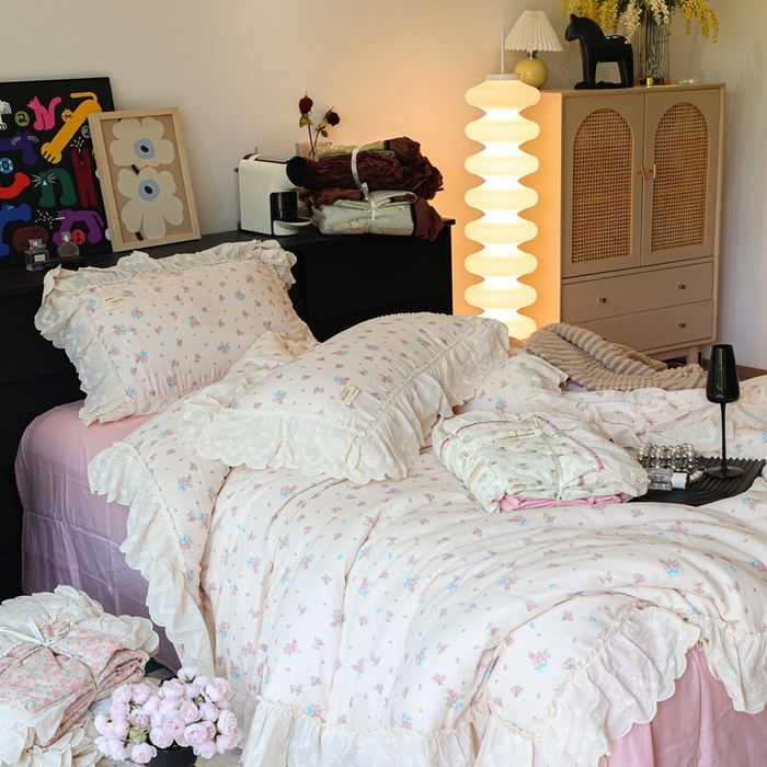 91家纺网 家纺一手货源 找家纺 紫碧螺家纺 2025新款A类全棉纯棉仙女双层纱大韩边四件套 玫瑰少女