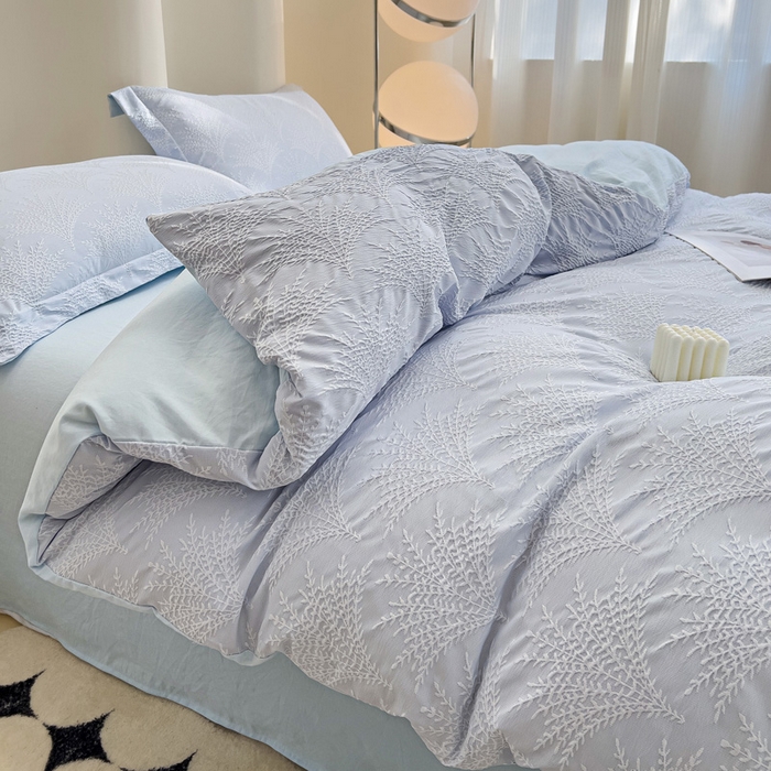 91家纺网 家纺一手货源 找家纺 卡普家居 2025新款A类轻奢双层纱提花四件套摇钱树系列 摇钱树（浅蓝）