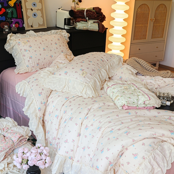 91家纺网 家纺一手货源 找家纺 紫碧螺家纺 2025新款A类全棉纯棉仙女双层纱大韩边四件套 玫瑰少女