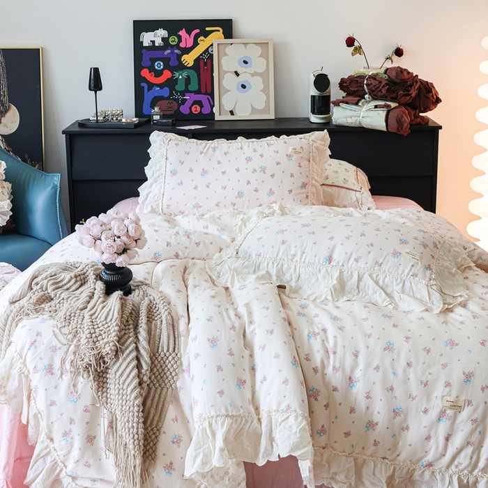 91家纺网 家纺一手货源 找家纺 紫碧螺家纺 2025新款A类全棉纯棉仙女双层纱大韩边四件套 玫瑰少女