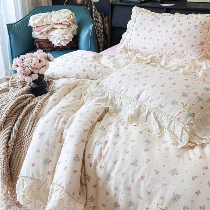 91家纺网 家纺一手货源 找家纺 紫碧螺家纺 2025新款A类全棉纯棉仙女双层纱大韩边四件套 玫瑰少女