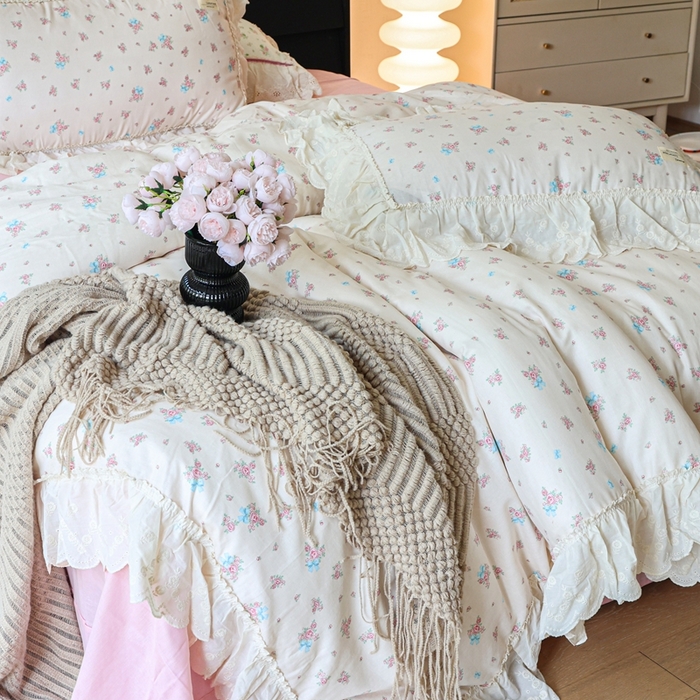 91家纺网 家纺一手货源 找家纺 紫碧螺家纺 2025新款A类全棉纯棉仙女双层纱大韩边四件套 玫瑰少女