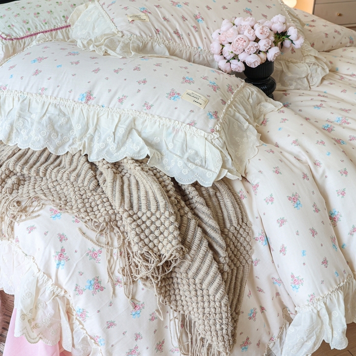 91家纺网 家纺一手货源 找家纺 紫碧螺家纺 2025新款A类全棉纯棉仙女双层纱大韩边四件套 玫瑰少女