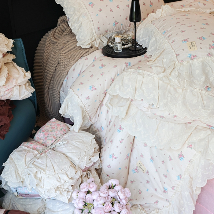 91家纺网 家纺一手货源 找家纺 紫碧螺家纺 2025新款A类全棉纯棉仙女双层纱大韩边四件套 玫瑰少女