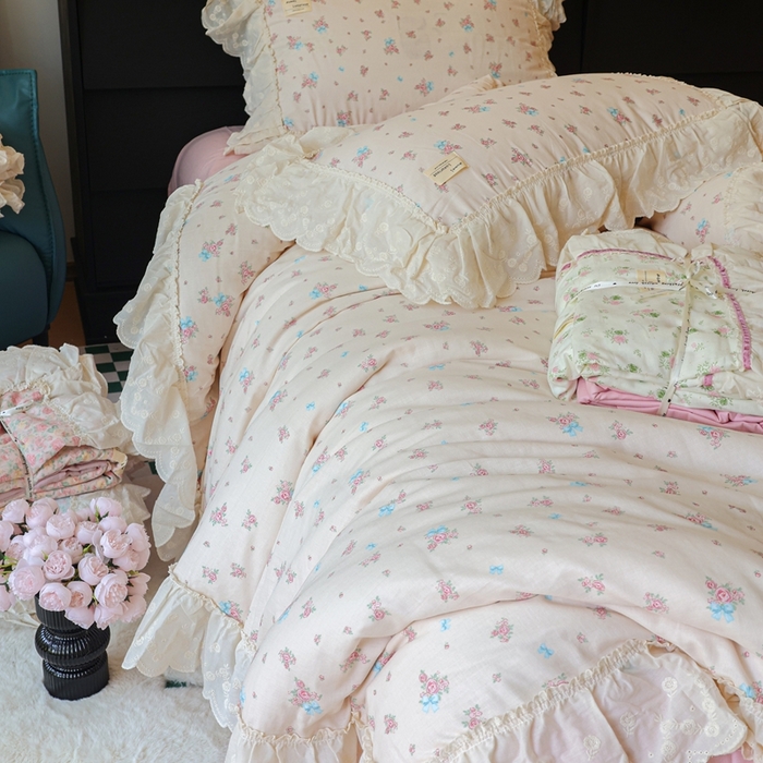 91家纺网 家纺一手货源 找家纺 紫碧螺家纺 2025新款A类全棉纯棉仙女双层纱大韩边四件套 玫瑰少女