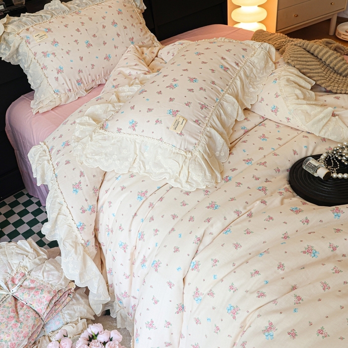 91家纺网 家纺一手货源 找家纺 紫碧螺家纺 2025新款A类全棉纯棉仙女双层纱大韩边四件套 玫瑰少女