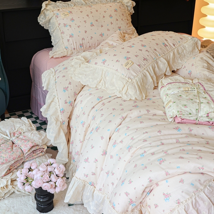 91家纺网 家纺一手货源 找家纺 紫碧螺家纺 2025新款A类全棉纯棉仙女双层纱大韩边四件套 玫瑰少女