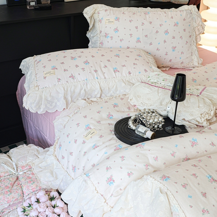 91家纺网 家纺一手货源 找家纺 紫碧螺家纺 2025新款A类全棉纯棉仙女双层纱大韩边四件套 玫瑰少女