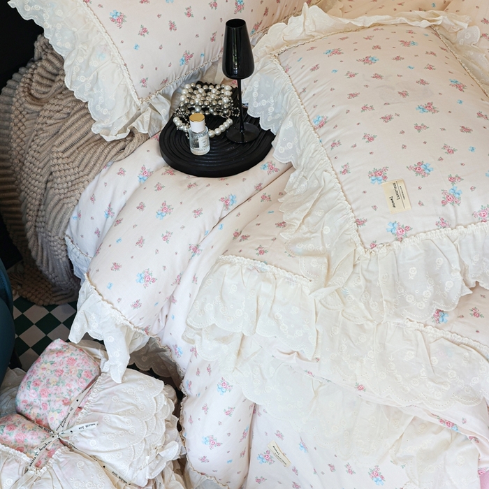 91家纺网 家纺一手货源 找家纺 紫碧螺家纺 2025新款A类全棉纯棉仙女双层纱大韩边四件套 玫瑰少女