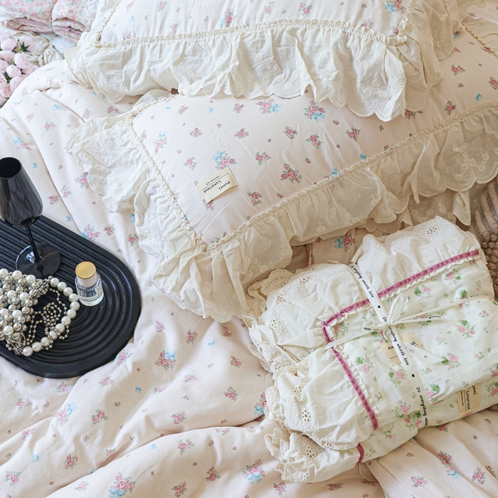 91家纺网 家纺一手货源 找家纺 紫碧螺家纺 2025新款A类全棉纯棉仙女双层纱大韩边四件套 玫瑰少女