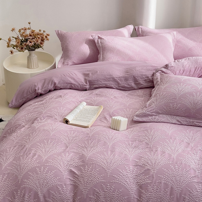 91家纺网 家纺一手货源 找家纺 卡普家居 2025新款A类轻奢双层纱提花四件套摇钱树系列 摇钱树（紫）