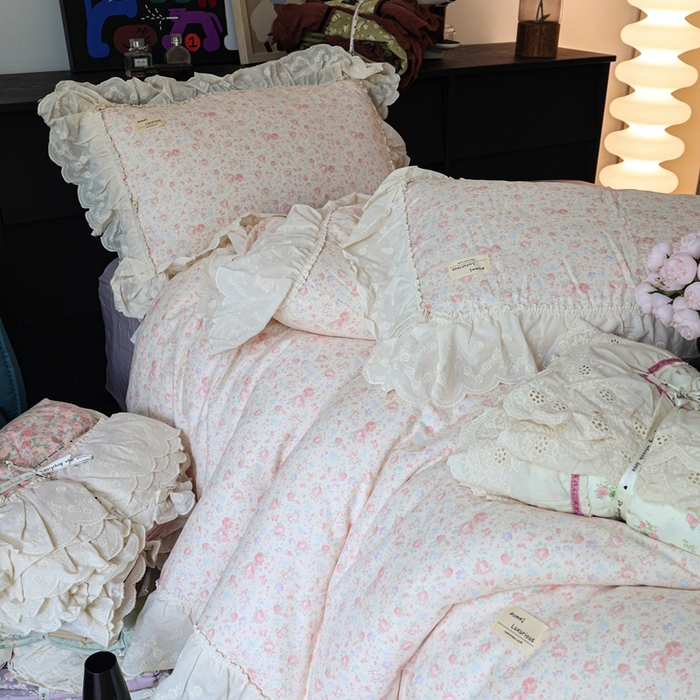 91家纺网 家纺一手货源 找家纺 紫碧螺家纺 2025新款A类全棉纯棉仙女双层纱大韩边四件套 秘密花园