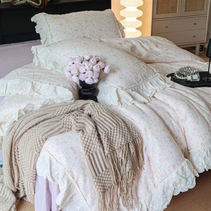 91家纺网 家纺一手货源 找家纺 紫碧螺家纺 2025新款A类全棉纯棉仙女双层纱大韩边四件套 秘密花园