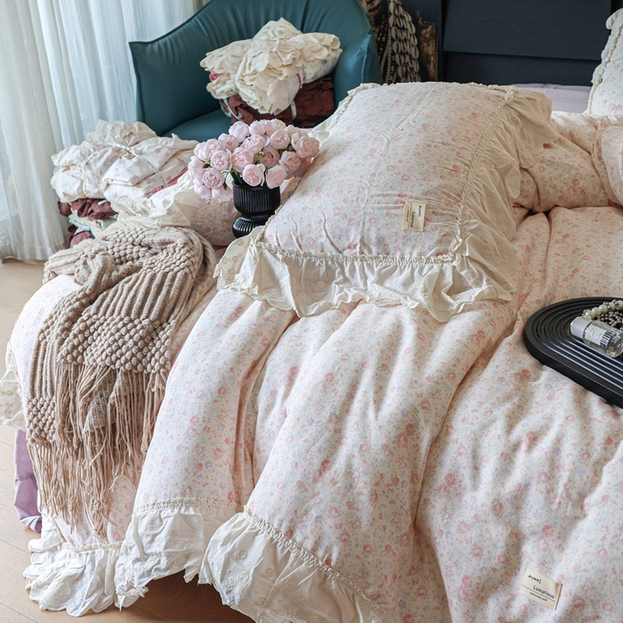 91家纺网 家纺一手货源 找家纺 紫碧螺家纺 2025新款A类全棉纯棉仙女双层纱大韩边四件套 秘密花园