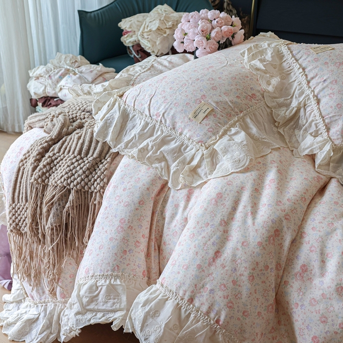 91家纺网 家纺一手货源 找家纺 紫碧螺家纺 2025新款A类全棉纯棉仙女双层纱大韩边四件套 秘密花园