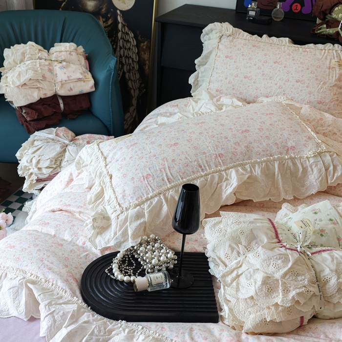 91家纺网 家纺一手货源 找家纺 紫碧螺家纺 2025新款A类全棉纯棉仙女双层纱大韩边四件套 秘密花园