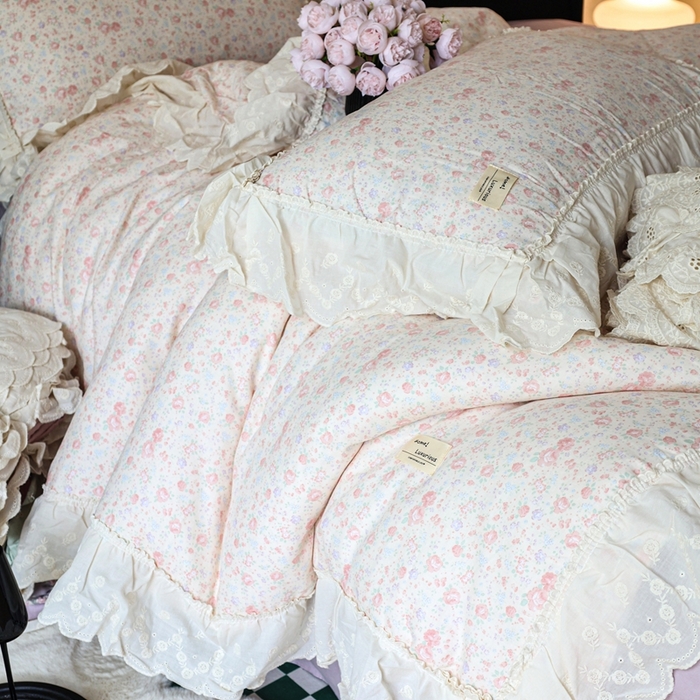 91家纺网 家纺一手货源 找家纺 紫碧螺家纺 2025新款A类全棉纯棉仙女双层纱大韩边四件套 秘密花园