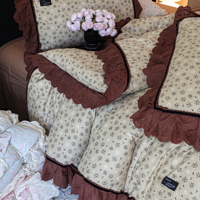 91家纺网 家纺一手货源 找家纺 紫碧螺家纺 2025新款A类全棉纯棉仙女双层纱大韩边四件套 晴岛桔梗