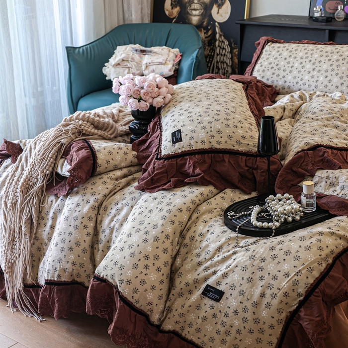 91家纺网 家纺一手货源 找家纺 紫碧螺家纺 2025新款A类全棉纯棉仙女双层纱大韩边四件套 晴岛桔梗