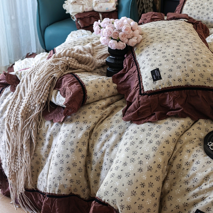 91家纺网 家纺一手货源 找家纺 紫碧螺家纺 2025新款A类全棉纯棉仙女双层纱大韩边四件套 晴岛桔梗