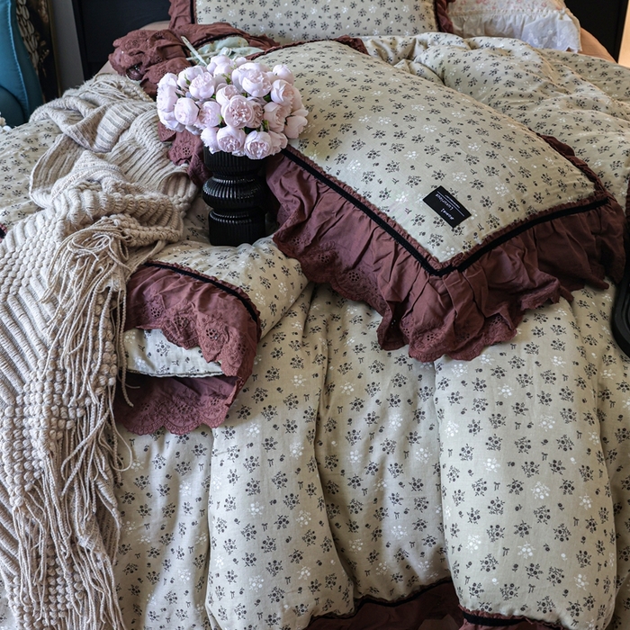 91家纺网 家纺一手货源 找家纺 紫碧螺家纺 2025新款A类全棉纯棉仙女双层纱大韩边四件套 晴岛桔梗