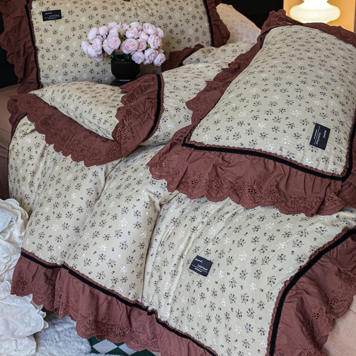 91家纺网 家纺一手货源 找家纺 紫碧螺家纺 2025新款A类全棉纯棉仙女双层纱大韩边四件套 晴岛桔梗