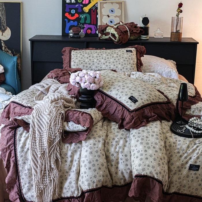 91家纺网 家纺一手货源 找家纺 紫碧螺家纺 2025新款A类全棉纯棉仙女双层纱大韩边四件套 晴岛桔梗