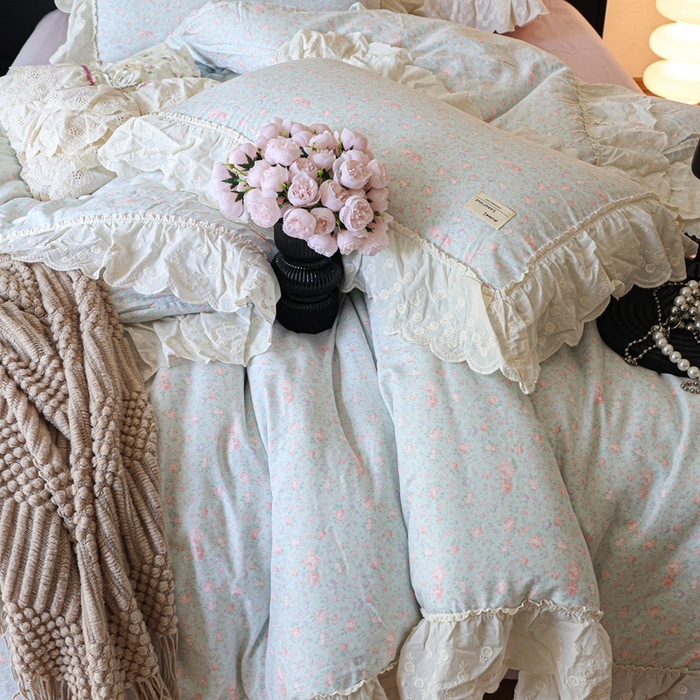 91家纺网 家纺一手货源 找家纺 紫碧螺家纺 2025新款A类全棉纯棉仙女双层纱大韩边四件套 洒落的阳光