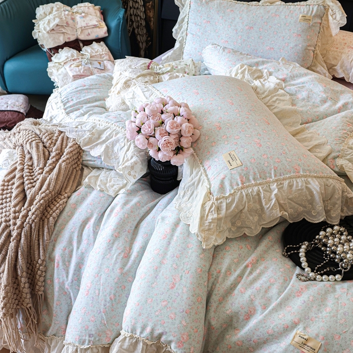 91家纺网 家纺一手货源 找家纺 紫碧螺家纺 2025新款A类全棉纯棉仙女双层纱大韩边四件套 洒落的阳光