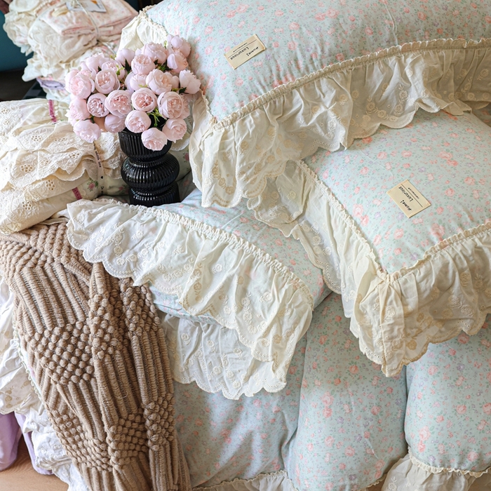 91家纺网 家纺一手货源 找家纺 紫碧螺家纺 2025新款A类全棉纯棉仙女双层纱大韩边四件套 洒落的阳光