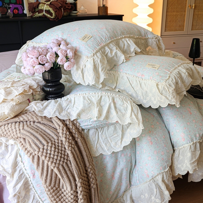 91家纺网 家纺一手货源 找家纺 紫碧螺家纺 2025新款A类全棉纯棉仙女双层纱大韩边四件套 洒落的阳光