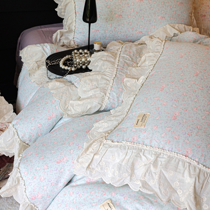 91家纺网 家纺一手货源 找家纺 紫碧螺家纺 2025新款A类全棉纯棉仙女双层纱大韩边四件套 洒落的阳光