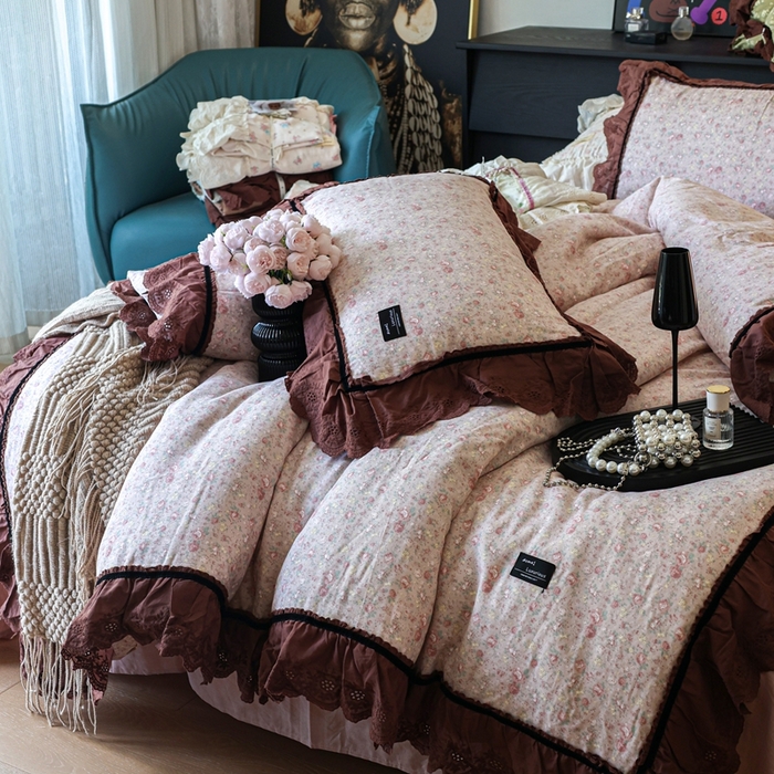 91家纺网 家纺一手货源 找家纺 紫碧螺家纺 2025新款A类全棉纯棉仙女双层纱大韩边四件套 雾漫玫瑰夜