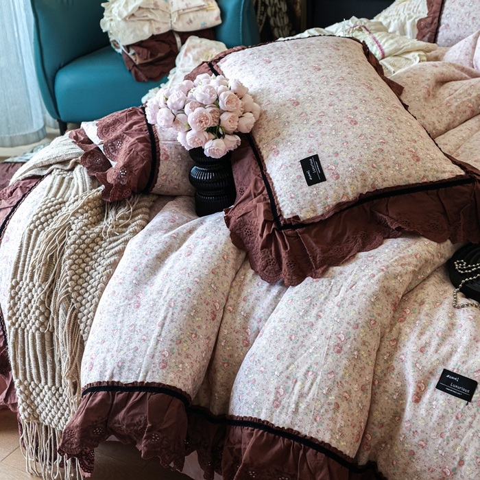 91家纺网 家纺一手货源 找家纺 紫碧螺家纺 2025新款A类全棉纯棉仙女双层纱大韩边四件套 雾漫玫瑰夜