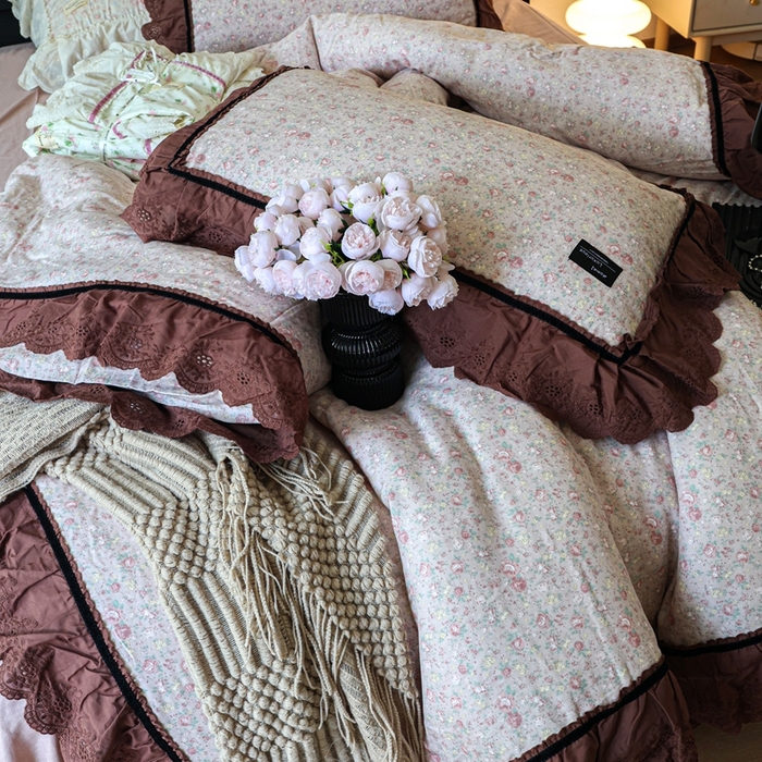 91家纺网 家纺一手货源 找家纺 紫碧螺家纺 2025新款A类全棉纯棉仙女双层纱大韩边四件套 雾漫玫瑰夜