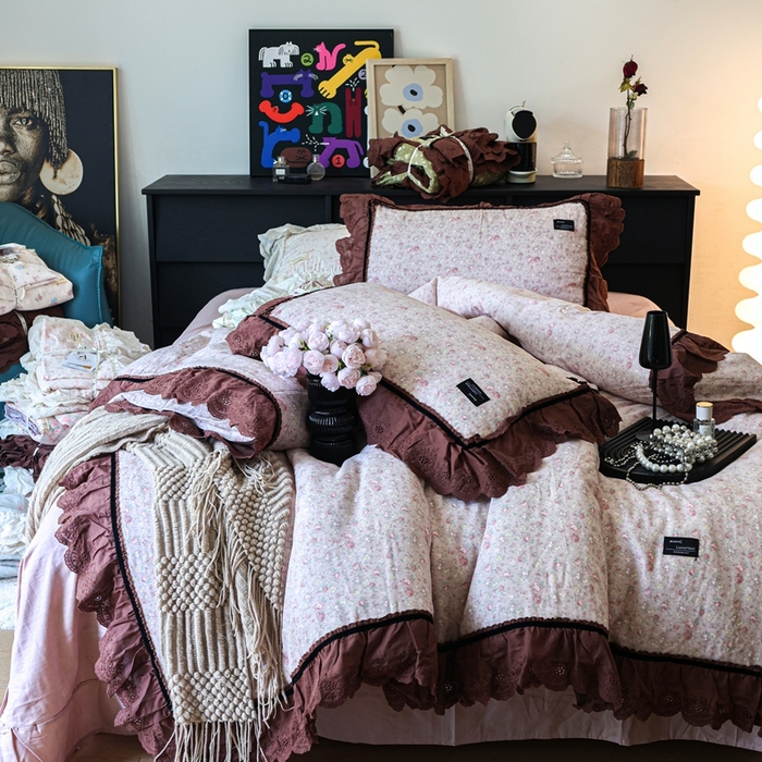 91家纺网 家纺一手货源 找家纺 紫碧螺家纺 2025新款A类全棉纯棉仙女双层纱大韩边四件套 雾漫玫瑰夜