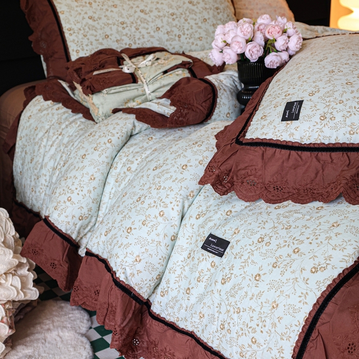 91家纺网 家纺一手货源 找家纺 紫碧螺家纺 2025新款A类全棉纯棉仙女双层纱大韩边四件套 夏日铃兰